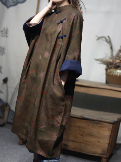 Women's Stand-up Collar Plate Button Mid-Length Shirt Dress