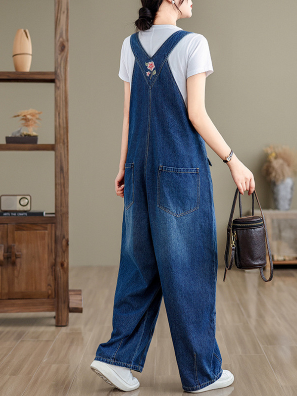 Women's Rose Embroidered Denim Overalls with Loose Wide-Leg Fit