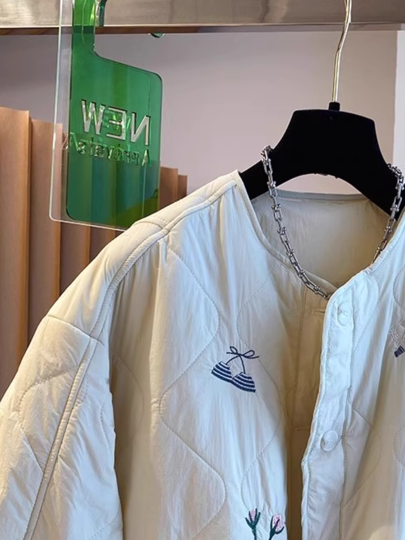 Chic Quilted Jacket, Embroidered Oversized Silhouette with Patch Pockets, Cotton-Poly