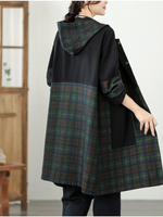 Longline Denim Cotton Plaid Shacket Coat with Hood and Pockets