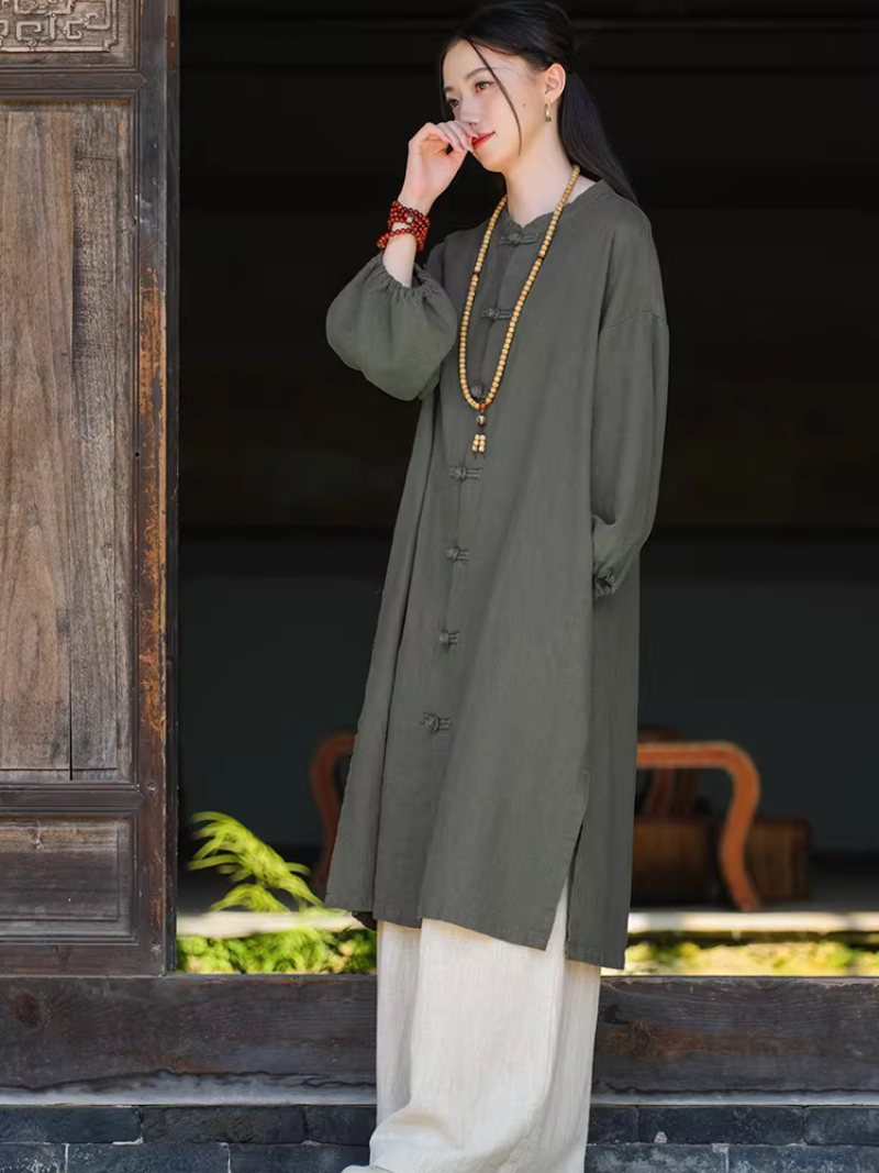 Chic Cotton Linen Mandarin-Collar Duster Coat with Frog Closures, Timeless Elegance