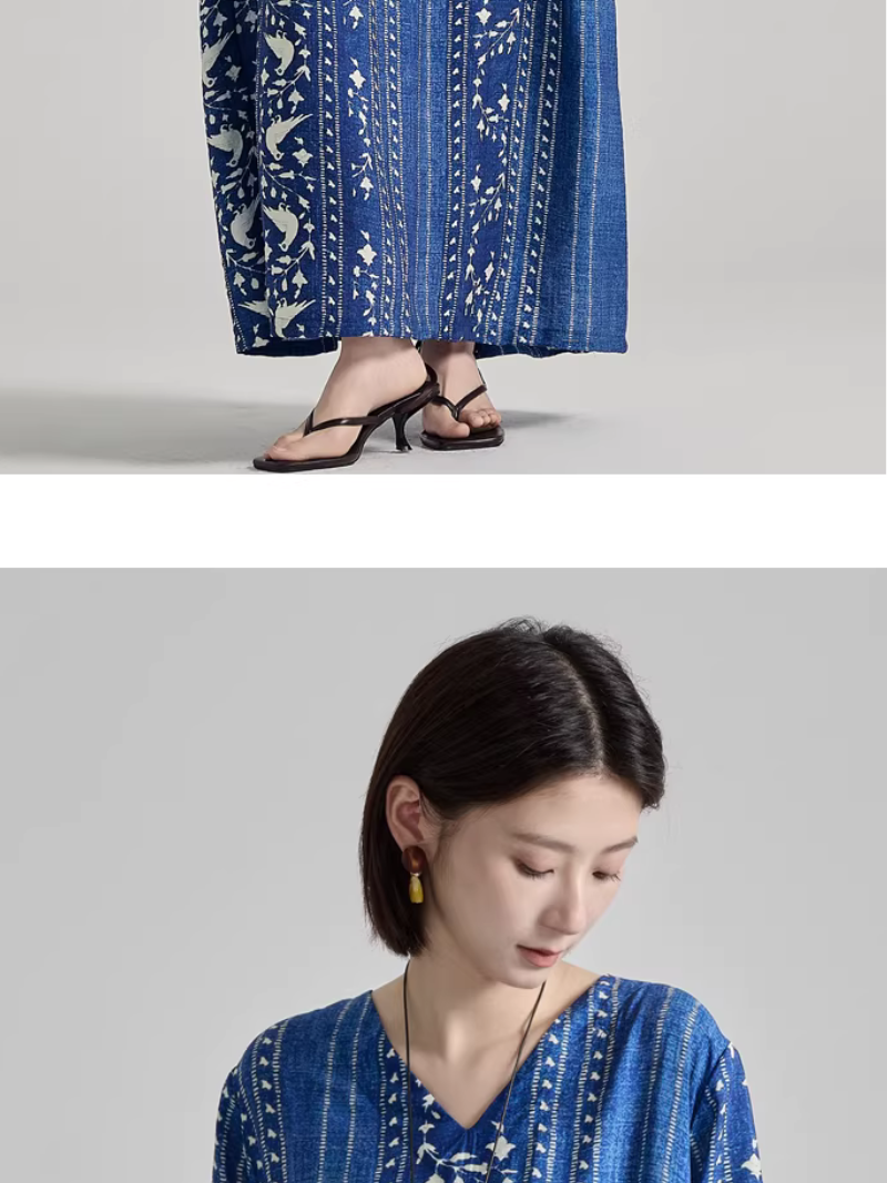 Artisanal Stripe Print V-Neck Maxi Dress in Luxe Nylon-Cotton Blend