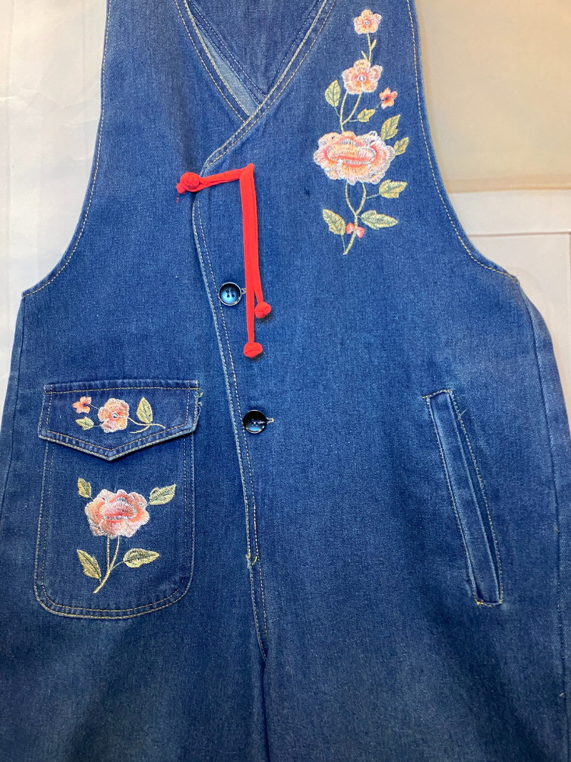 Women's Rose Embroidered Denim Overalls with Loose Wide-Leg Fit