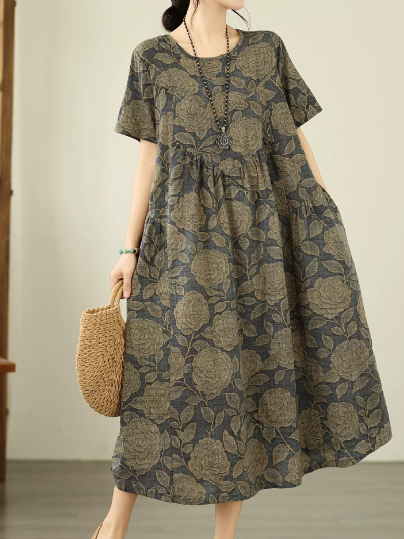 Botanical A-Line Cotton Linen Dress with Pockets, Relaxed Midi Elegance
