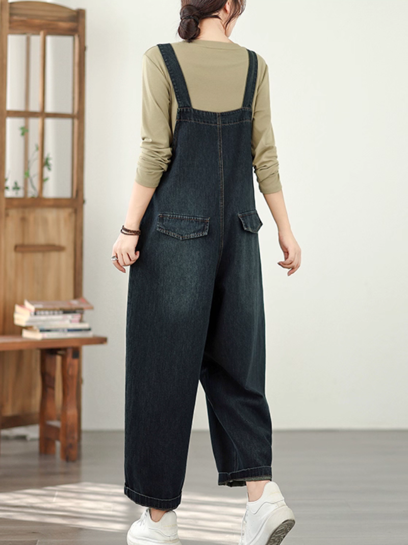 Relaxed Wide-Leg Denim Overalls with Adjustable Straps and Pocket Detail