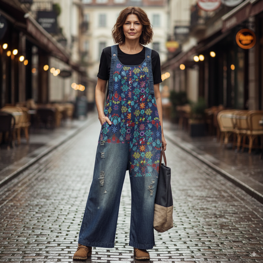 Women’s wide-leg denim dungarees with colorful floral print – casual boho overalls with ripped details, styled for street fashion