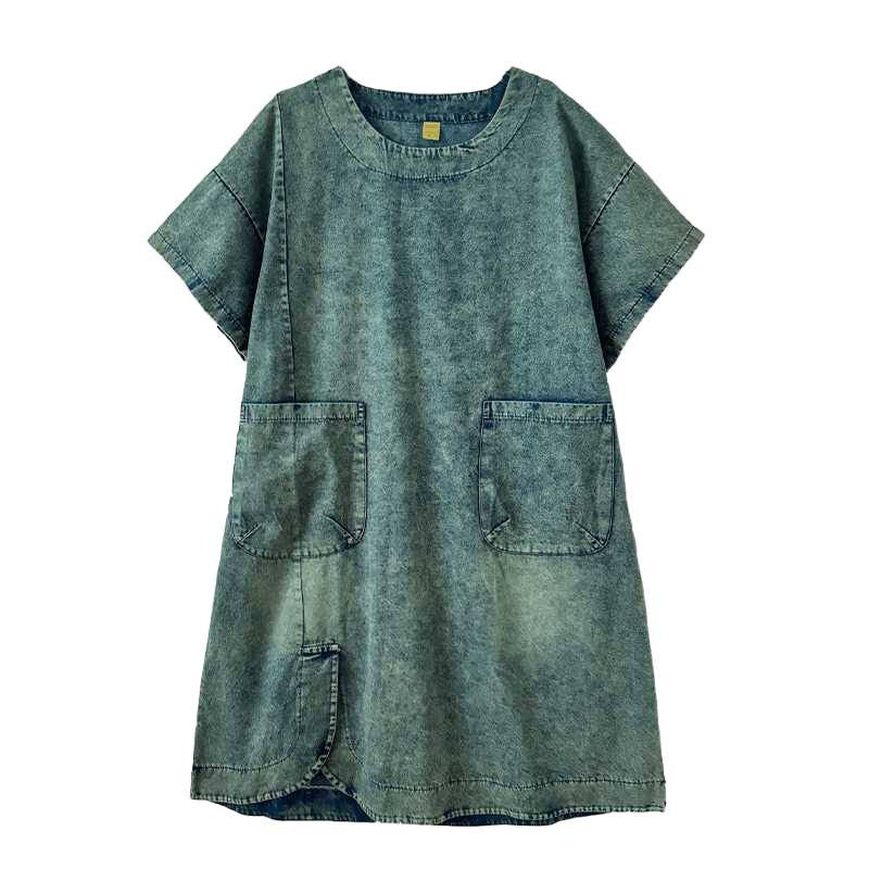 Oversized Denim Shift Dress washed blue color