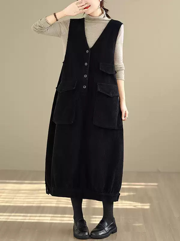 Washed Cotton Corduroy Button-Front Maxi Dress full length