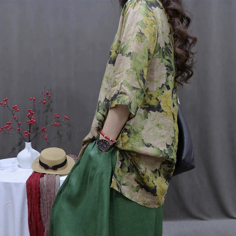 Vintage Floral Print Boho Shirt Dress detail view