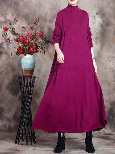 Women's rose purple Knitted Collar A-Line Dress