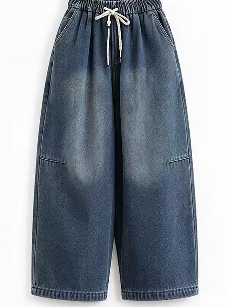 Retro Drawstring Wide Leg Jeans for Women | Loose Winter Denim