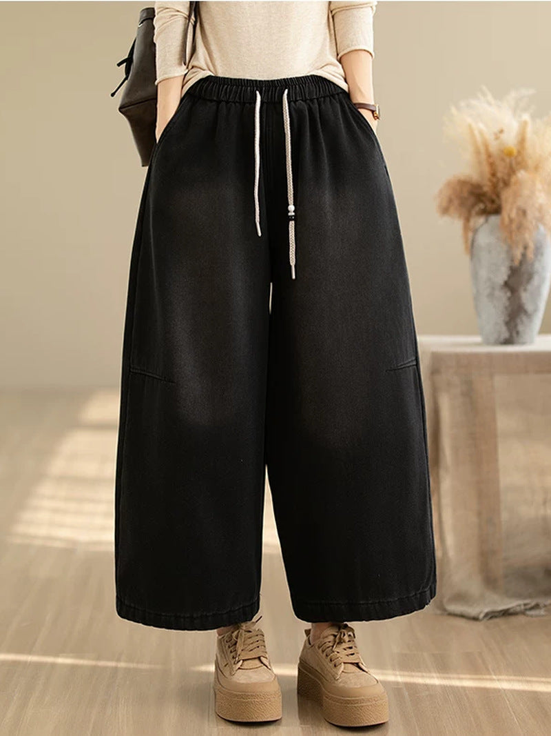 Retro Distressed Fleece Lined Wide Leg Jeans for Women | Winter Denim