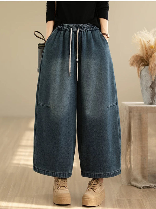 Retro Drawstring Wide Leg Jeans for Women | Loose Winter Denim