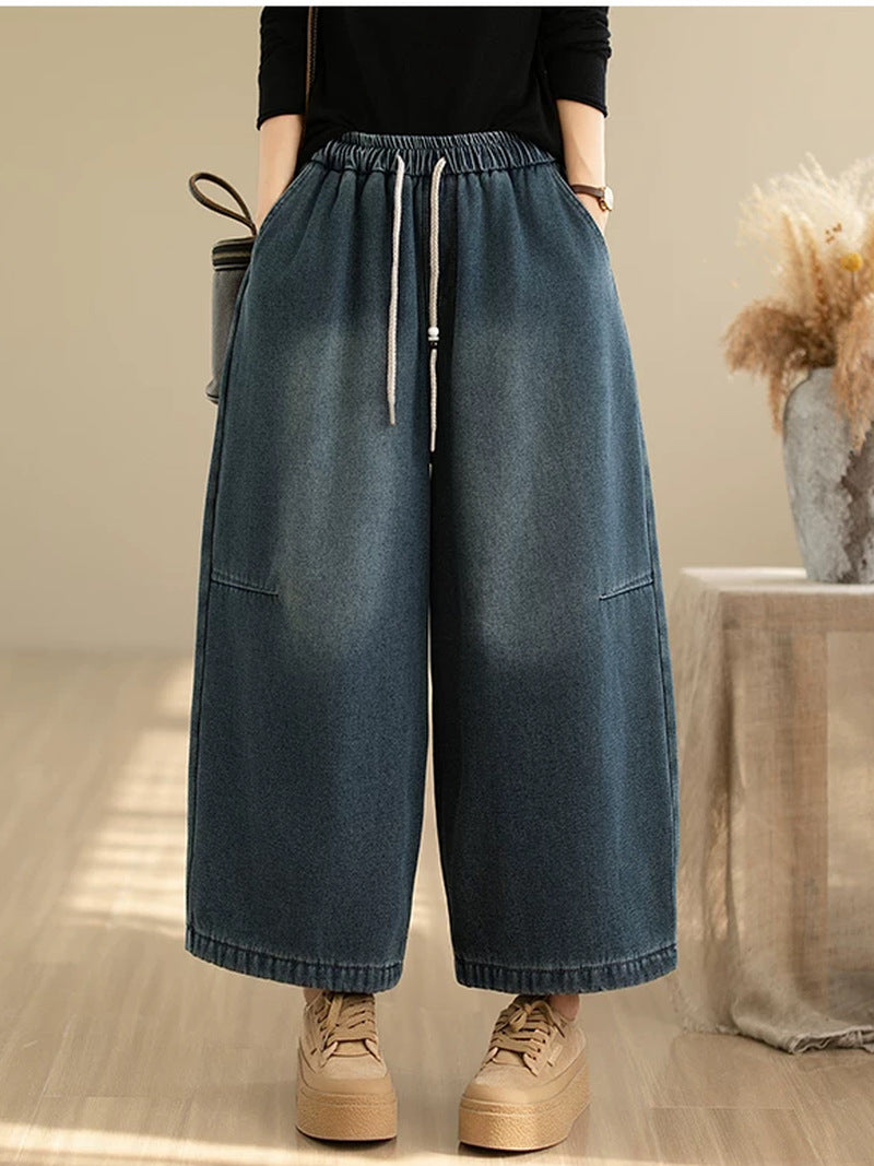 Retro Distressed Fleece Lined Wide Leg Jeans for Women | Winter Denim