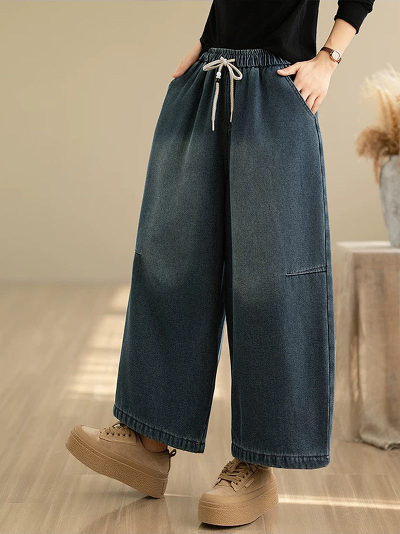 Retro Drawstring Wide Leg Jeans for Women | Loose Winter Denim