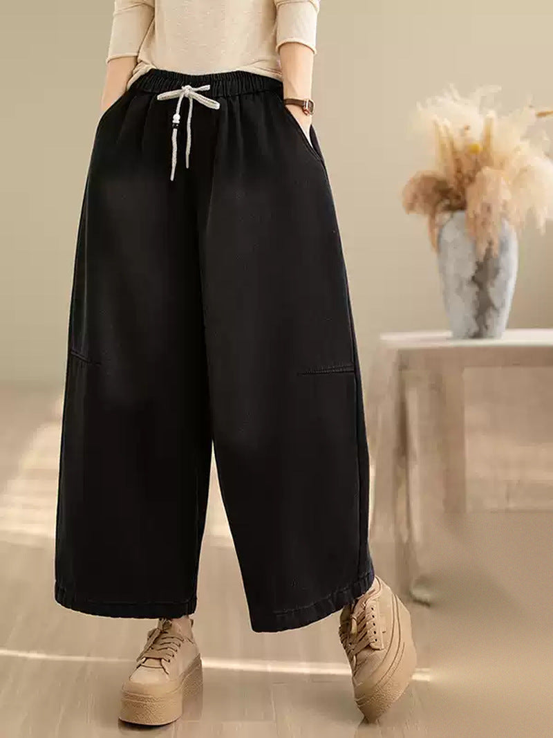 Retro Drawstring Wide Leg Jeans for Women | Loose Winter Denim