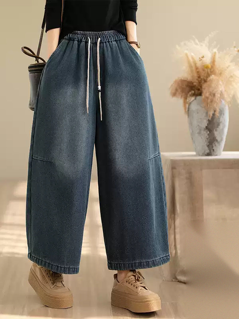 Retro Drawstring Wide Leg Jeans for Women | Loose Winter Denim