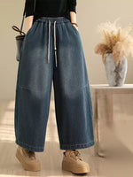 Retro Drawstring Wide Leg Jeans for Women | Loose Winter Denim
