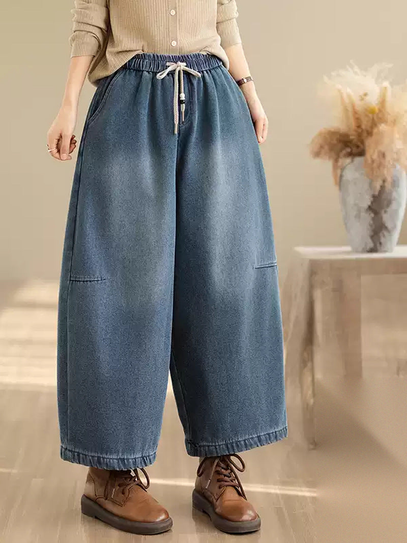 Retro Distressed Fleece Lined Wide Leg Jeans for Women | Winter Denim