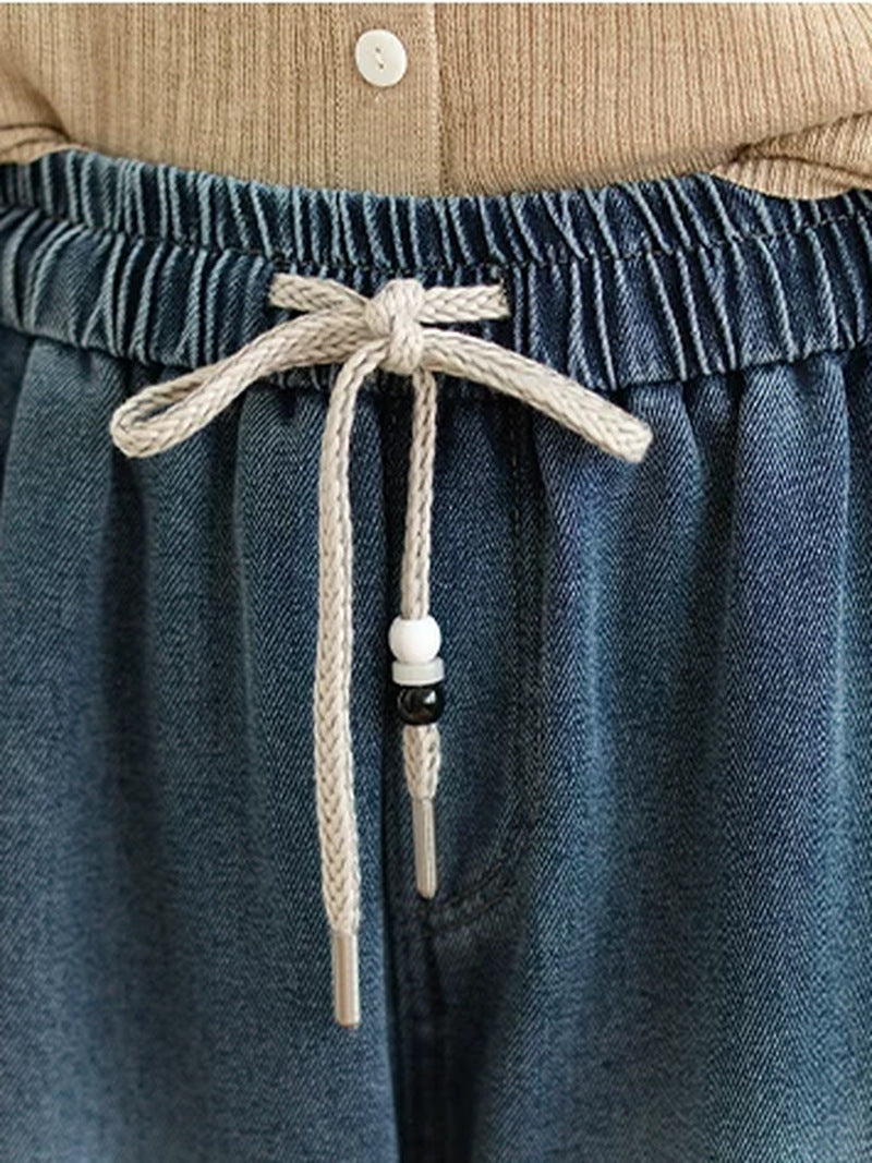 Retro Distressed Fleece Lined Wide Leg Jeans for Women | Winter Denim