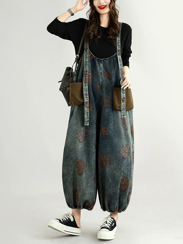 Retro Embroidered Reversible Denim Overalls for Women