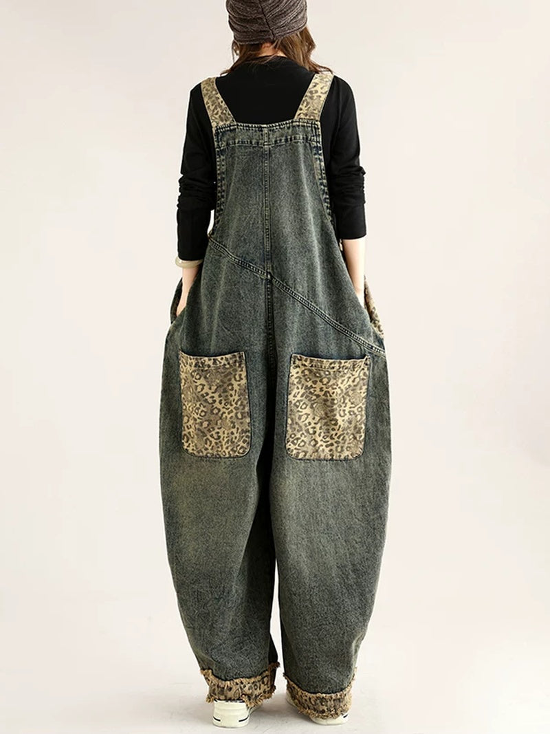 Wild Weekend Leopard Patchwork Denim Overalls