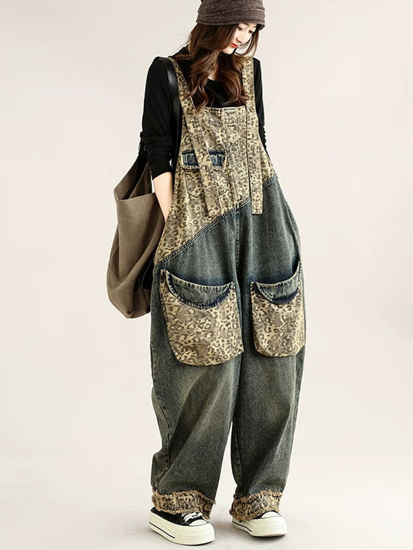 Wild Weekend Leopard Patchwork Denim Overalls
