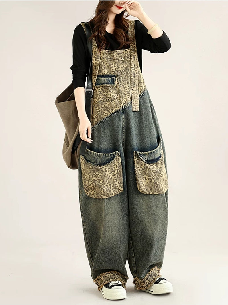 Wild Weekend Leopard Patchwork Denim Overalls