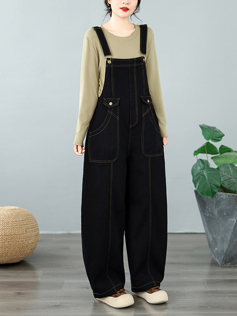 Women's black wide-leg denim overalls 