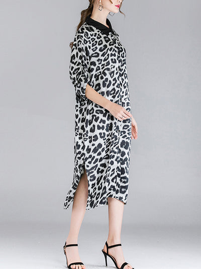 Ivy Vintage Contrasting Lapel Neck Animal Print Buttoned Belted Midi Dress