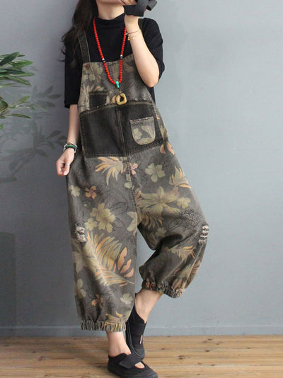 Dungarees cotton denim ripped jeans floral vintage retro style overall