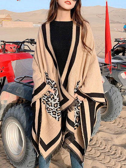 Leopard Pocket Patched Shawl Cardigan