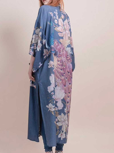 Evatrends cotton gown robe printed kimonos, Outerwear, Cotton, Viscose & Silk Mix, Nightwear, long kimono, Long Sleeves, loose fitting, Floral print, Big Bird on back Belted,