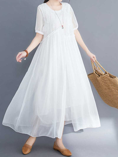 Embroidered Silk A-line Dress