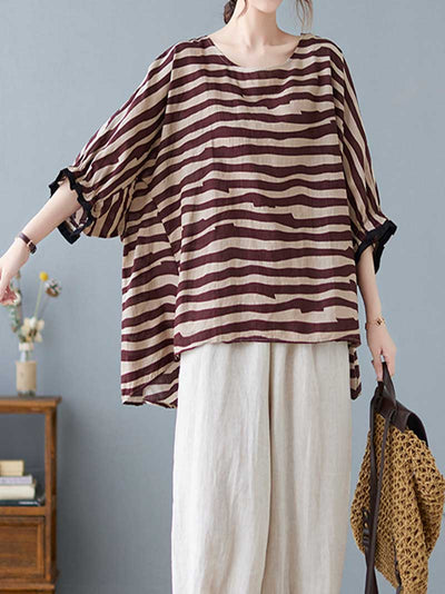 Stripes Print Round-Neck Doll Sleeves Top