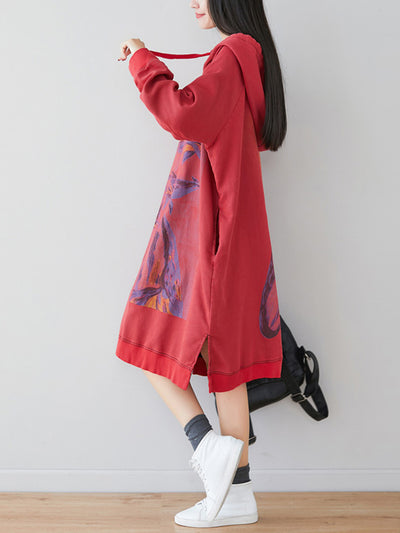 Loose Ethnic Floral Hooded Sweatshirt Dress