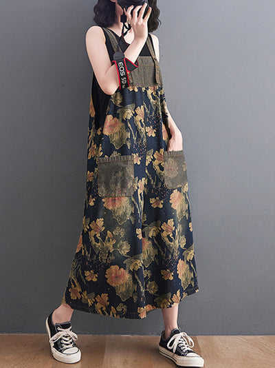 Dungarees cotton denim, Trouser, floral ,vintage retro style overall, double pockets, floral printed