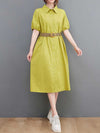 Cotton Collar-Neck Plain Shirt Dress - WHITE, YELLOW, ROSE-RED