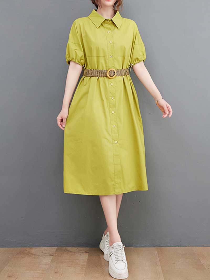 Cotton Collar-Neck Plain Shirt Dress - WHITE, YELLOW, ROSE-RED 