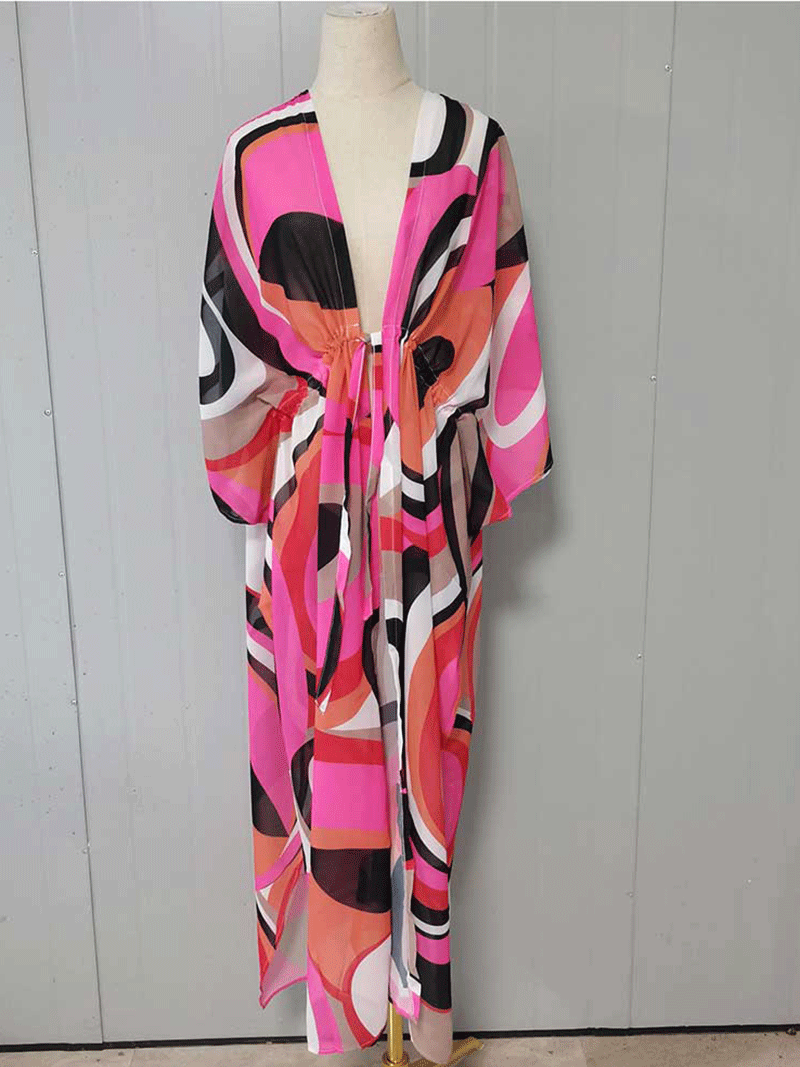 Evatrends cotton gown robe printed kimonos, Outerwear, polyester, Nightwear, long kimono, Board Sleeves, loose fitting, printed, Belted