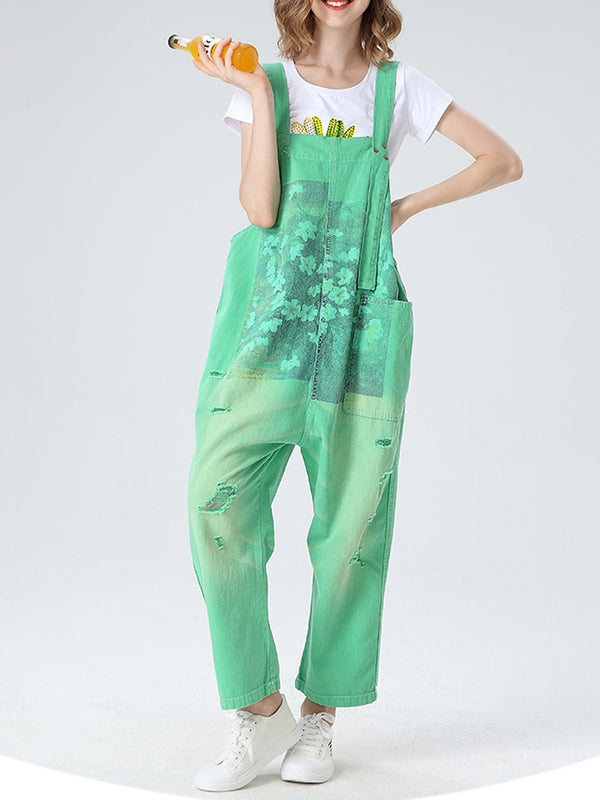 Dungarees cotton denim ripped jeans floral vintage retro style overall