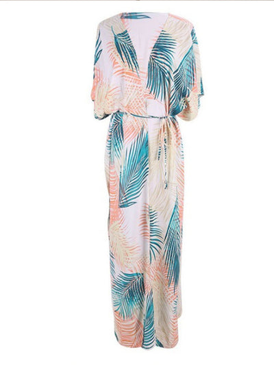 Evatrends cotton gown robe printed kimonos, Outerwear, Cotton, Nightwear, long kimono, long Sleeves, loose fitting, Leaf print, Belted