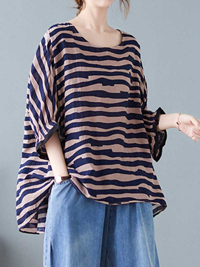 Stripes Print Round-Neck Doll Sleeves Top