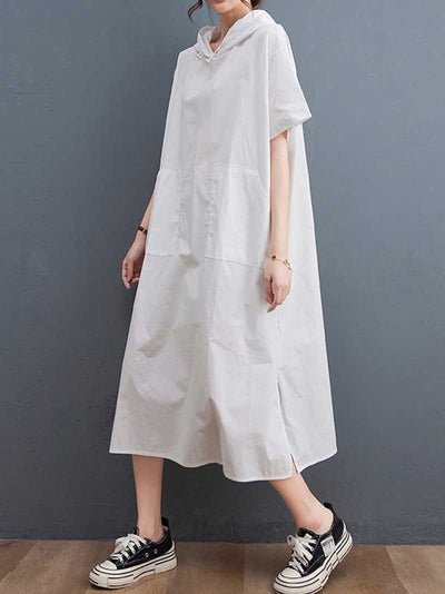 Hooded Plain Double Side Pocket Mid Dress