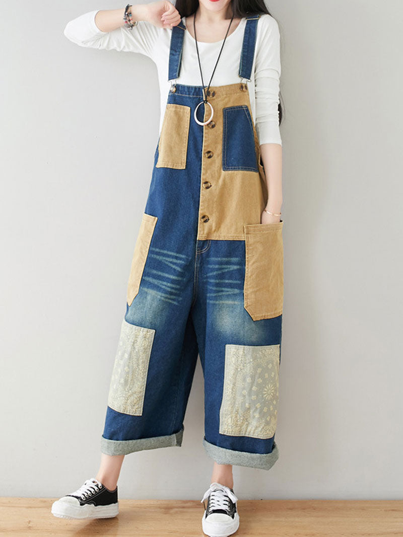 Dungarees cotton denim ripped jeans floral vintage retro style overall