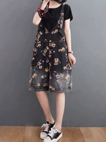 Knee-Length Floral Denim Dungaress - Deep V Bib Design