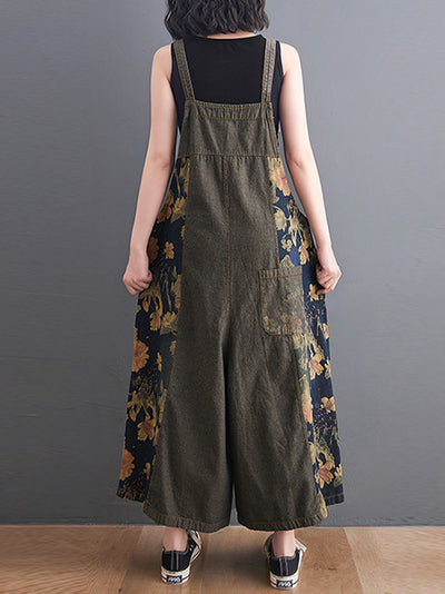 Dungarees cotton denim, Trouser, floral ,vintage retro style overall, double pockets, floral printed