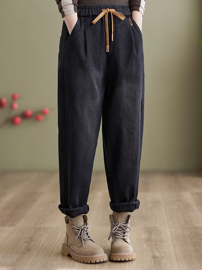 Women's Winter Velvet Thickened Jeans Elastic waist Tied Harem Pants