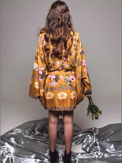 Evatrends cotton gown robe printed kimonos, Outerwear, Cotton, Nightwear, Short kimono, Long sleeves, Broad Sleeves, Yellow, loose fitting, Printed, Belted, Floral