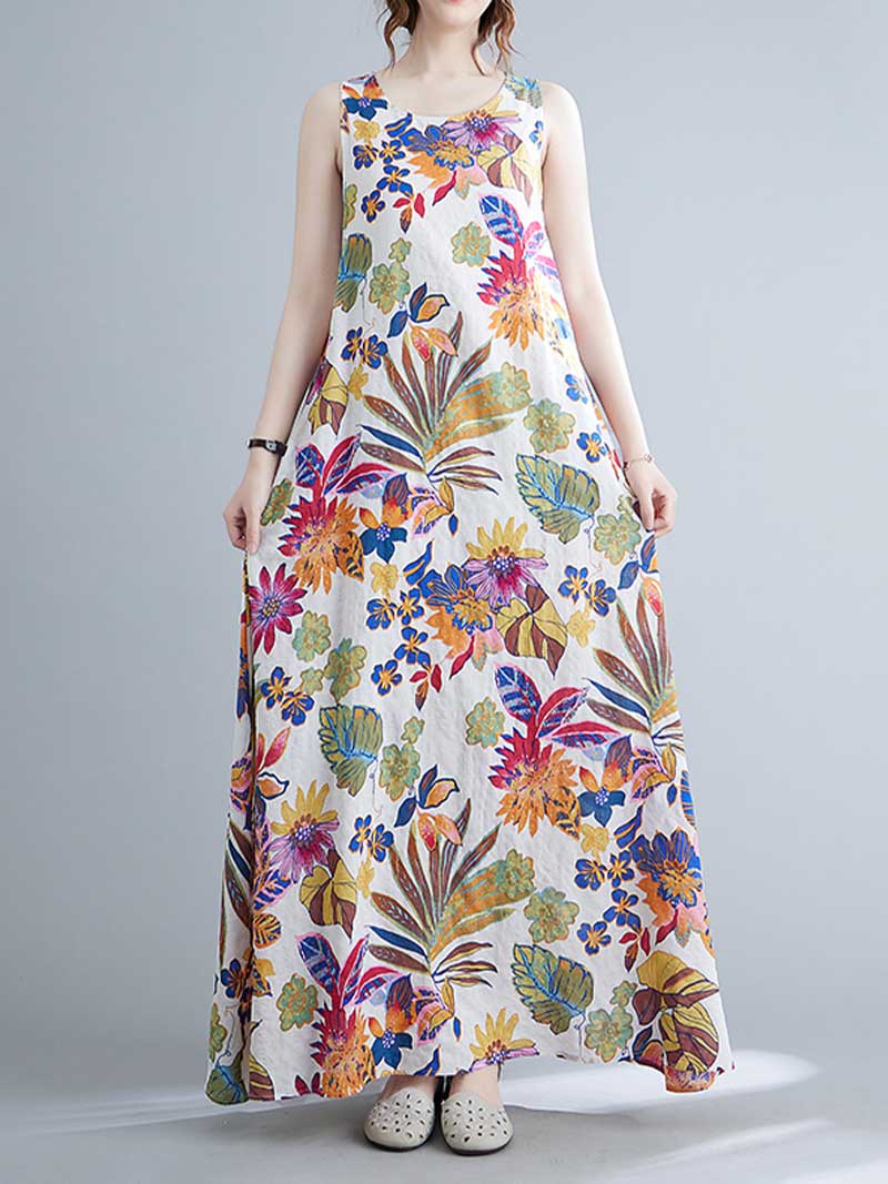 Sleeveless Cotton Floral A-Line Dress